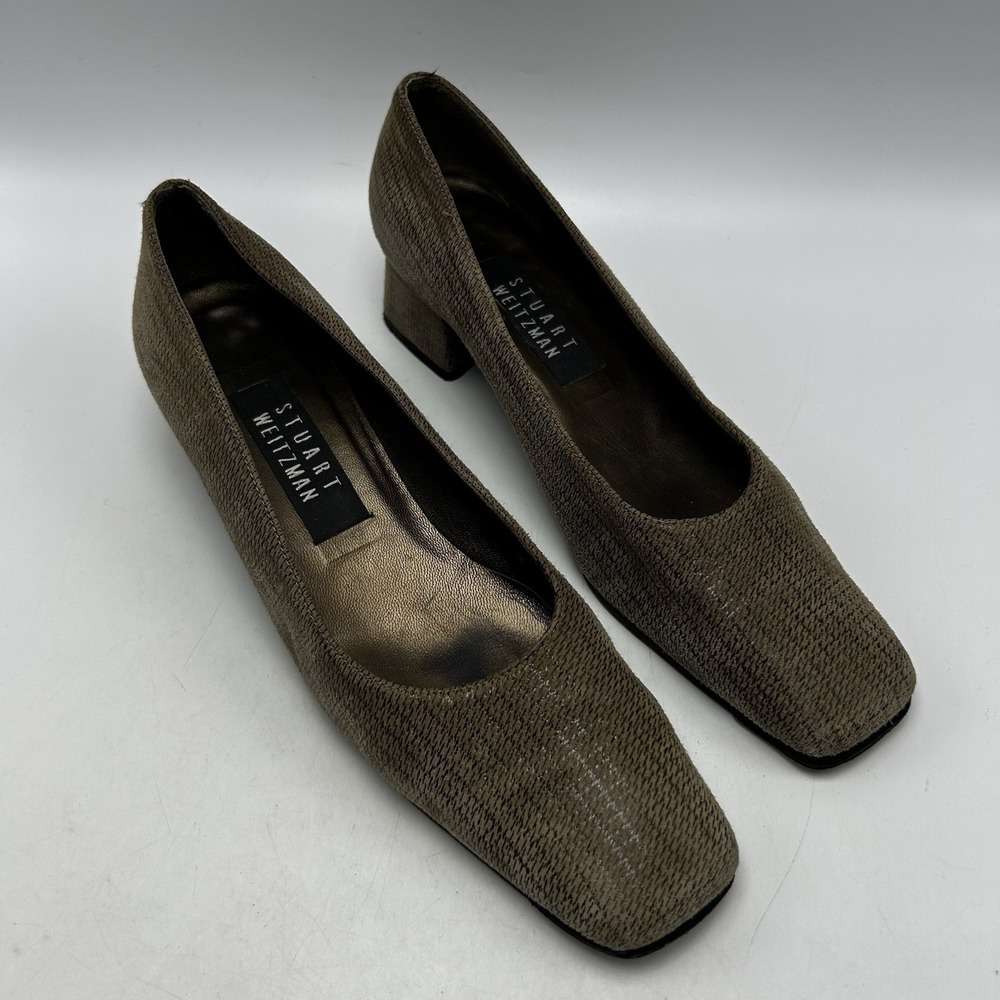 Stuart Weitzman Block Heels Womens 6.5 AAA Beige Suede Square Toe Old Money